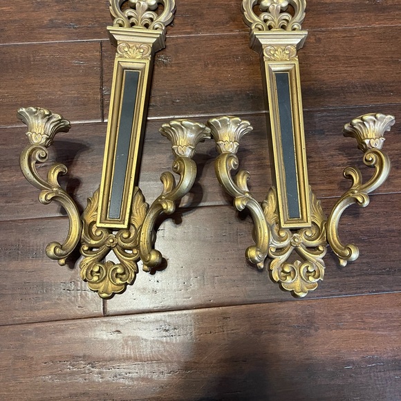 Set of 2 Vtg 1969 Syroco Black Gold Toned Candle Holder Wall Sconces #4061 USA - Picture 2 of 6